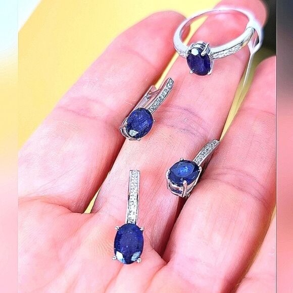 Natural Sapphire set "Teala" 925 Sterling Silver Earrings Pendant Ring 7… - Picture 4 of 7